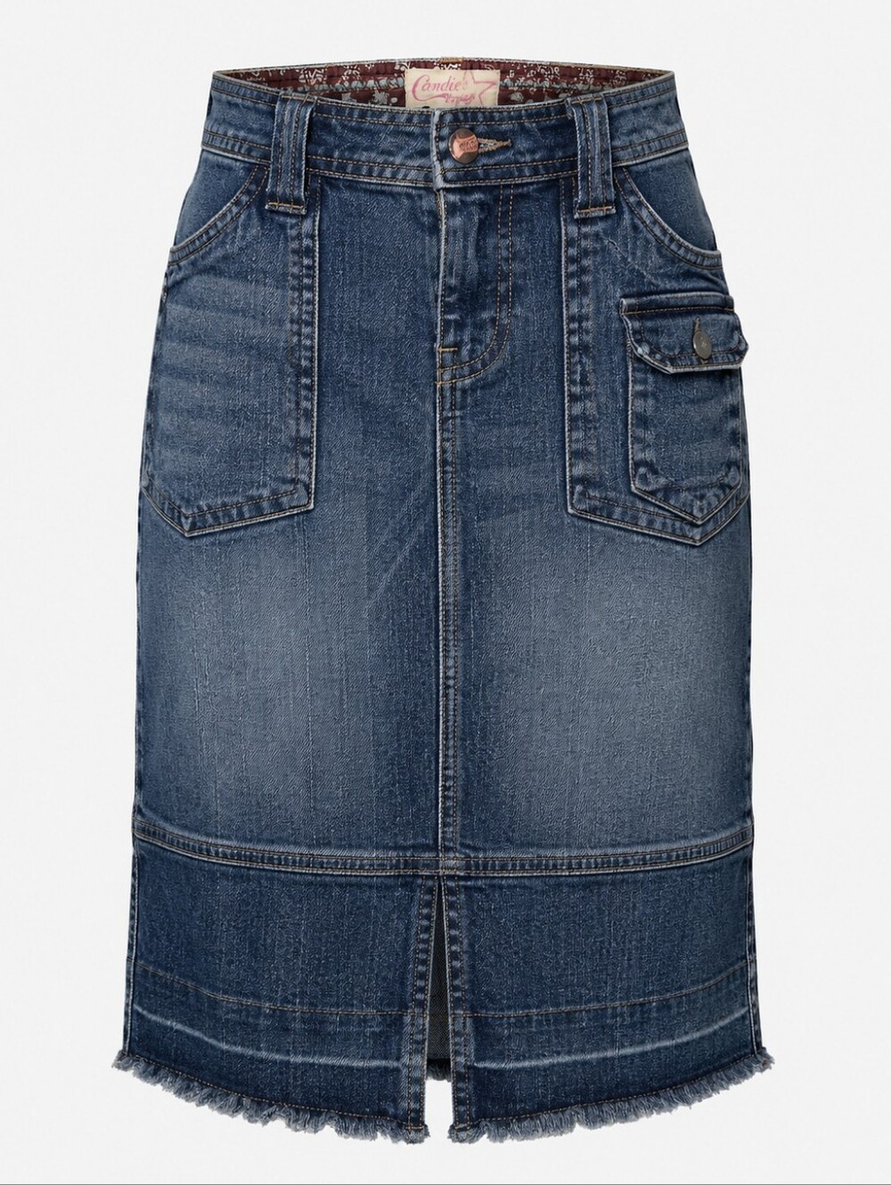 Candie's Denim Cargo Midi Pencil Skirt Blue Frayed Hem Utility Y2K 7 90s Western